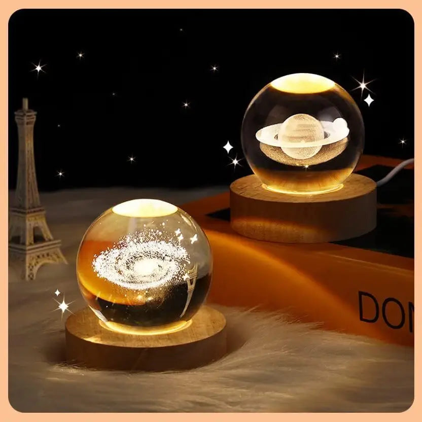 Crystal Moon Lamp with Wooden Base – Warm White Glow